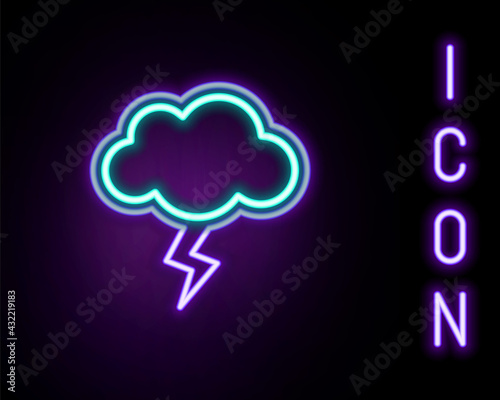 Glowing neon line Storm icon isolated on black background. Cloud and lightning sign. Weather icon of storm. Colorful outline concept. Vector