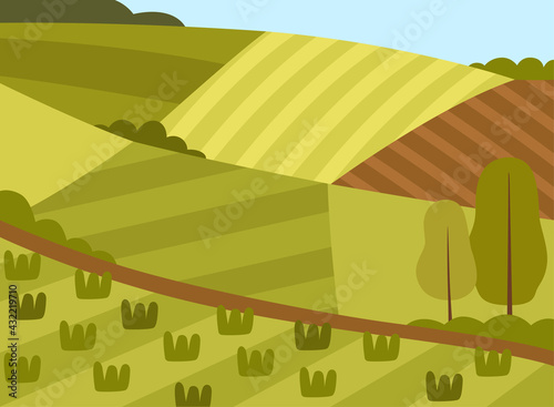 Country View with Sown Field and Pasture Land as Green Landscape Vector Illustration