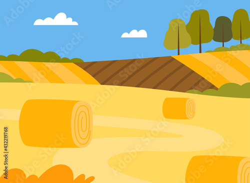 Country View with Hay Stacks on Field and Pasture Land as Green Landscape Vector Illustration