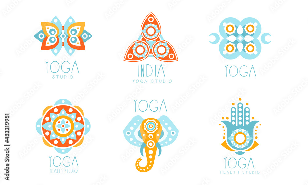 Yoga Studio Design with Indian Mandala Motifs Vector Set