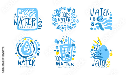 Natural Water Spring Badge Design with Blue Drops Vector Set