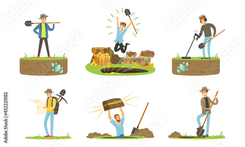 Man Treasure Hunter with Metal Detector and Shovel Digging Hole in Soil Extracting Gold and Gemstones Vector Set