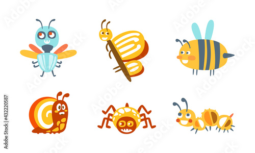 Cartoon Insects with Spider and Butterfly Vector Set