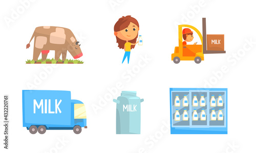 Milk Production with Cow Grazing on the Field and Merchandise Shelf with Dairy Product Vector Set