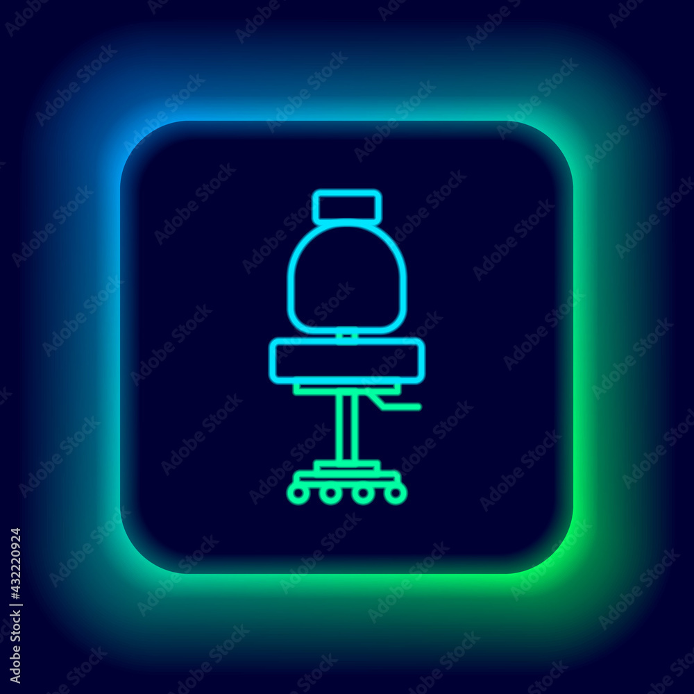 Glowing neon line Office chair icon isolated on black background. Colorful outline concept. Vector Glowing neon line Office chair icon isolated on black background. Colorful outline concept. Vector