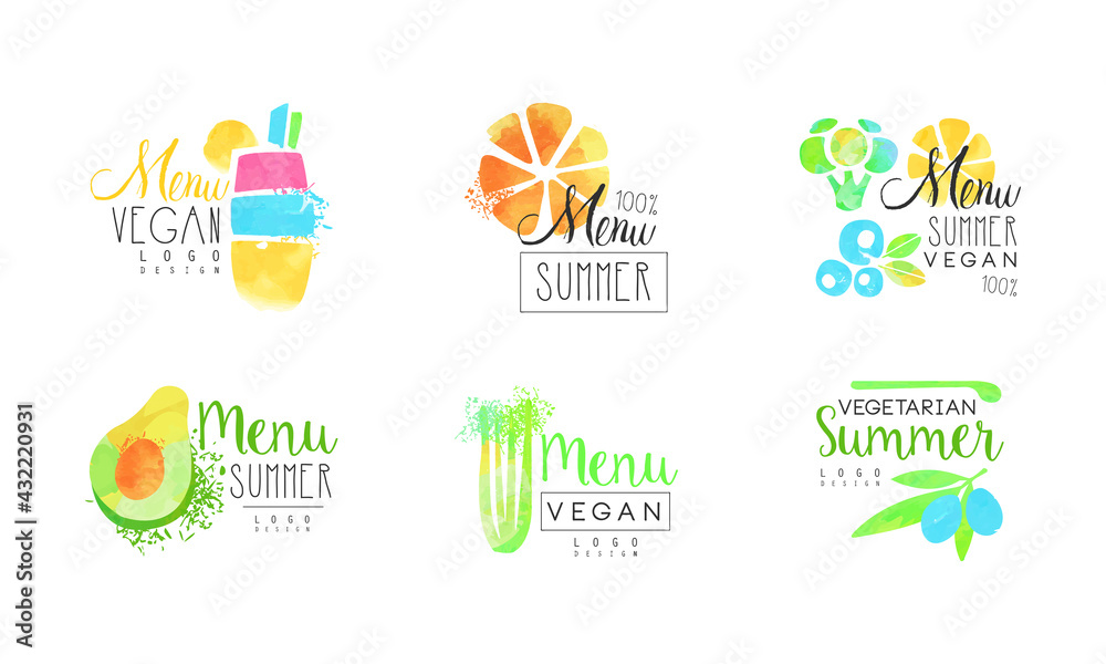 Summer Vegan Eating and Vegetarian Menu Logo Design Vector Set