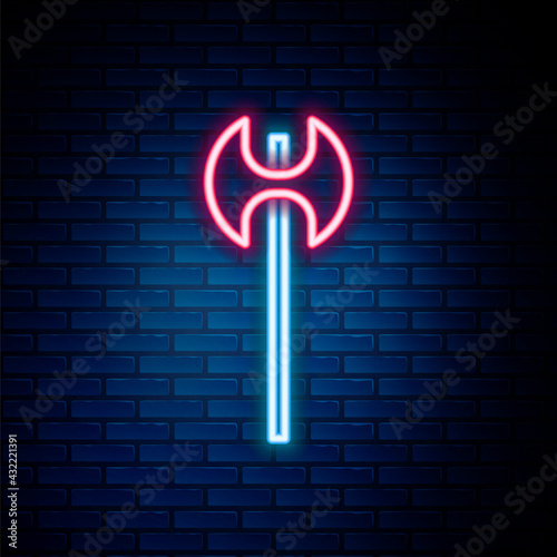 Glowing neon line Medieval axe icon isolated on brick wall background. Battle axe, executioner axe. Medieval weapon. Colorful outline concept. Vector