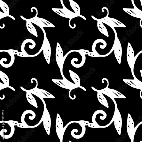 Vector vintage seamless pattern of spirally twisted stem with sharp leaves in white on a black background, hand-drawn in a doodle style. a blade of grass with a curl and small leaves. plant pattern