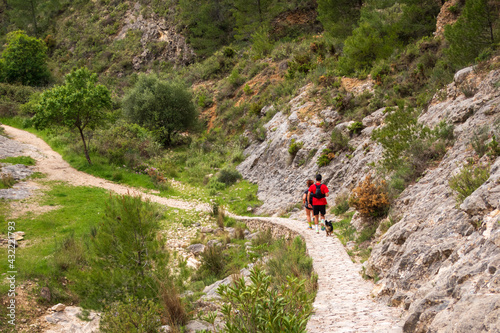 Hikers walking along a cobbled path, in a mountainous area surrounded by large rocky walls. In the Barranc del Cinc de Alcoy, Alicante (Spain) photo