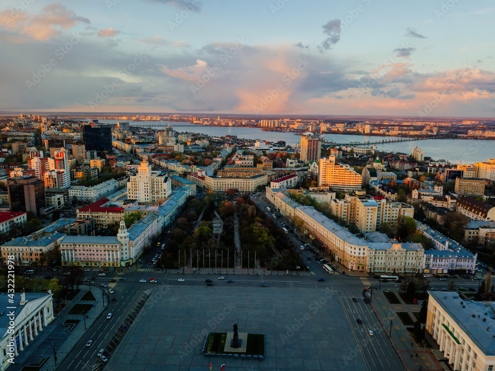 Evening spring central Voronezh cityscape at sunset, aerial view