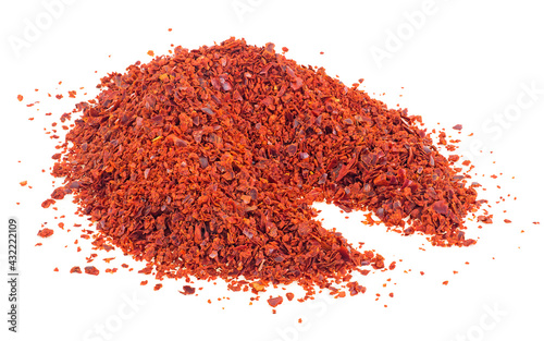 Heap of red pepper flakes isolated on a white background