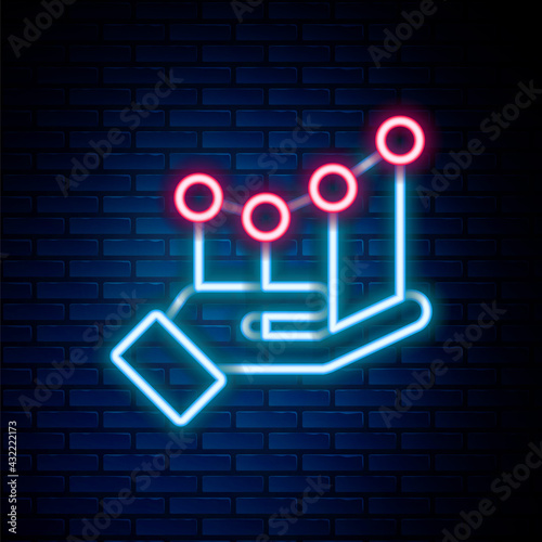 Glowing neon line Pie chart infographic icon isolated on brick wall background. Diagram chart sign. Colorful outline concept. Vector