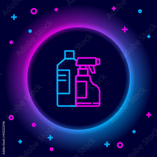Glowing neon line Plastic bottles for laundry detergent, bleach, dishwashing liquid or another cleaning agent icon isolated on black background. Colorful outline concept. Vector