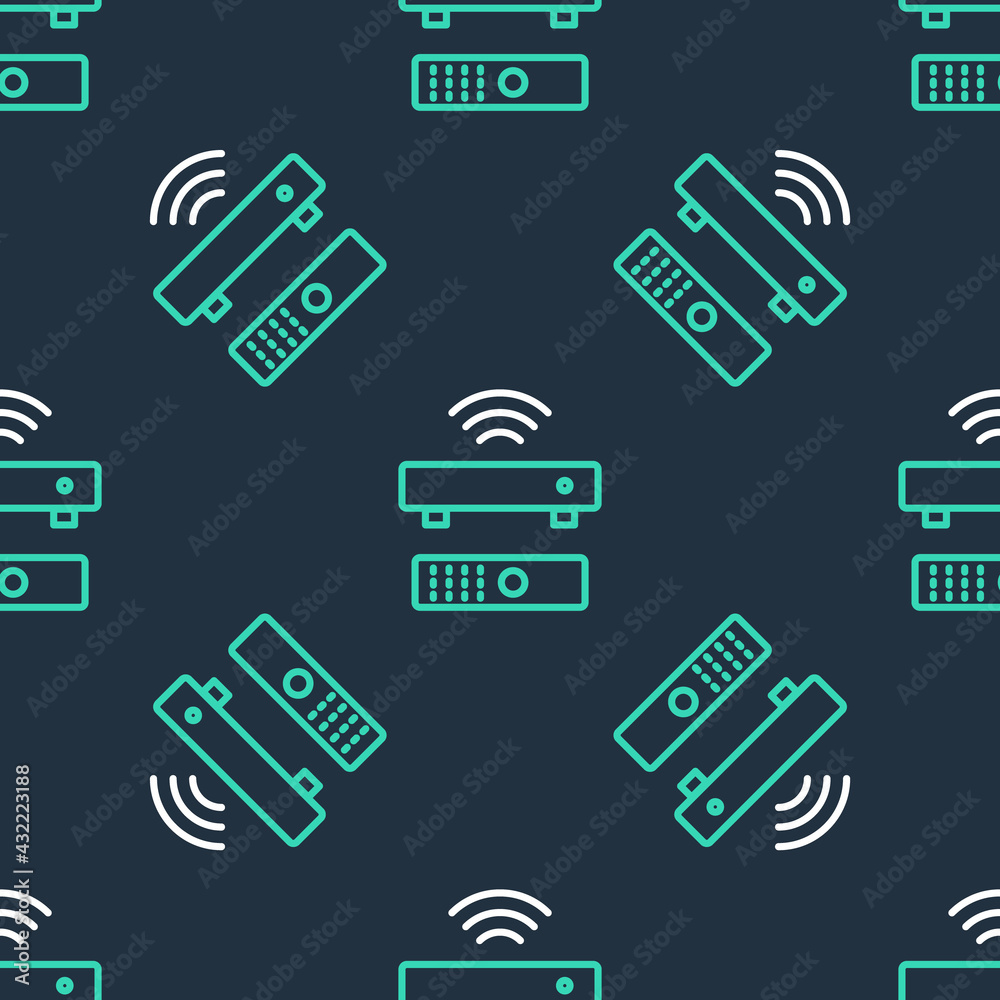 Line Wireless multimedia and TV box receiver and player with remote controller icon isolated seamless pattern on black background. Vector Line Wireless multimedia and TV box receiver and player with remote controller icon isolated seamless pattern on black background. Vector