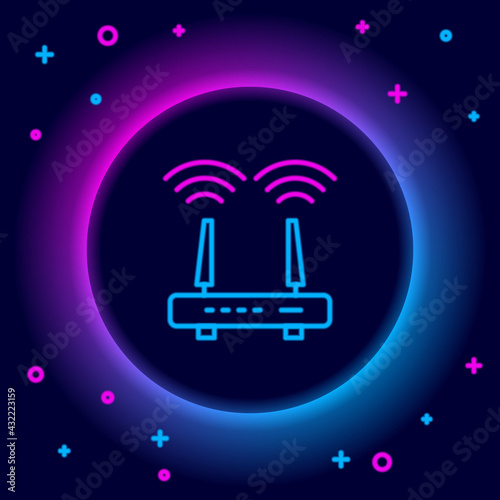 Glowing neon line Router and wi-fi signal icon isolated on black background. Wireless ethernet modem router. Computer technology internet. Colorful outline concept. Vector