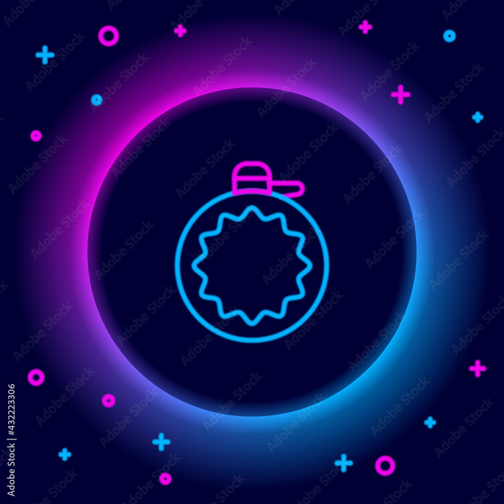 Fototapeta premium Glowing neon line Canteen water bottle icon isolated on black background. Tourist flask icon. Jar of water use in the campaign. Colorful outline concept. Vector
