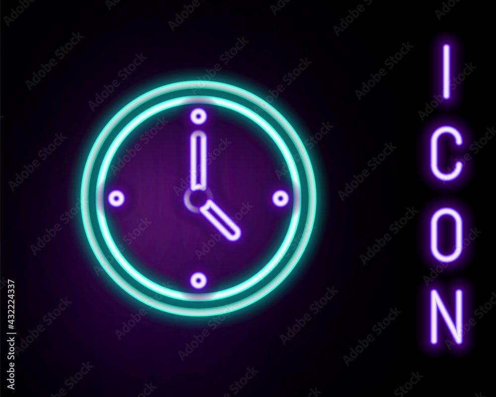 Glowing neon line Clock icon isolated on black background. Time symbol. Colorful outline concept. Vector Glowing neon line Clock icon isolated on black background. Time symbol. Colorful outline concept. Vector