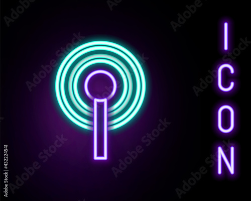Glowing neon line Antenna icon isolated on black background. Radio antenna wireless. Technology and network signal radio antenna. Colorful outline concept. Vector