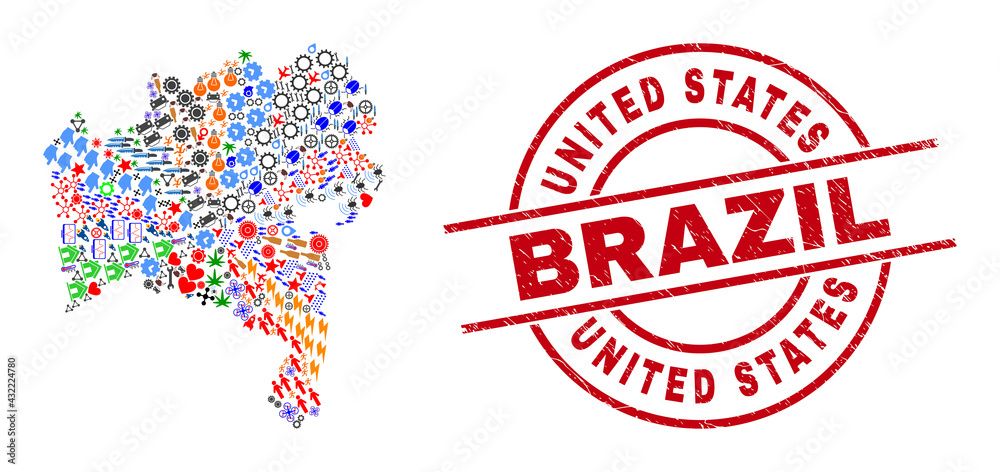 Bahia State map collage and unclean United States Brazil red circle stamp seal. United States Brazil seal uses vector lines and arcs. Bahia State map mosaic includes helmets, homes, screwdrivers, Bahia State map collage and unclean United States Brazil red circle stamp seal. United States Brazil seal uses vector lines and arcs. Bahia State map mosaic includes helmets, homes, screwdrivers,