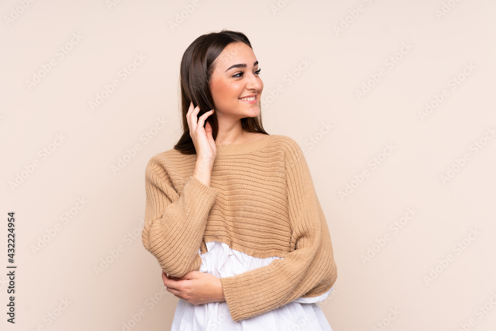 Young caucasian woman isolated on beige background thinking an idea Young caucasian woman isolated on beige background thinking an idea