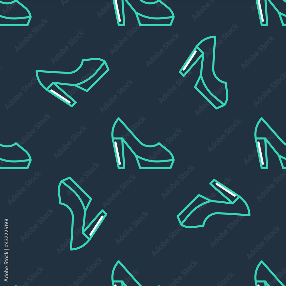 Line Woman shoe with high heel icon isolated seamless pattern on black background. Vector Line Woman shoe with high heel icon isolated seamless pattern on black background. Vector