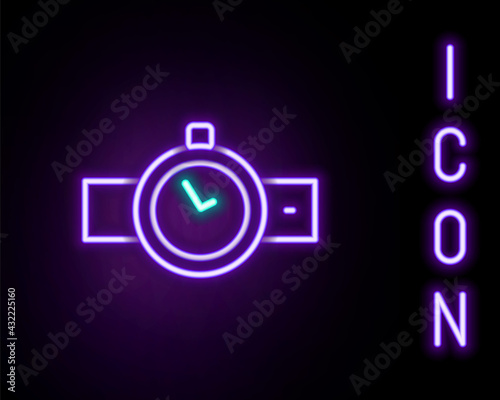 Glowing neon line Wrist watch icon isolated on black background. Wristwatch icon. Colorful outline concept. Vector