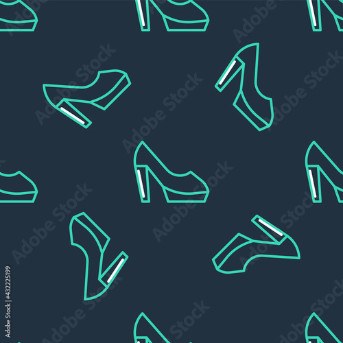 Line Woman shoe with high heel icon isolated seamless pattern on black background. Vector