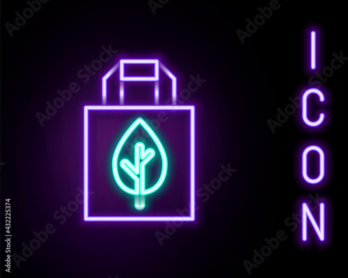 Glowing neon line Paper shopping bag with recycle icon isolated on black background. Bag with recycling symbol. Colorful outline concept. Vector