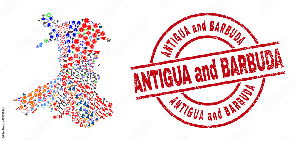 Wales map collage and grunge Antigua and Barbuda red round stamp print. Antigua and Barbuda badge uses vector lines and arcs. Wales map collage includes helmets, houses, showers, suns, stars, Wales map collage and grunge Antigua and Barbuda red round stamp print. Antigua and Barbuda badge uses vector lines and arcs. Wales map collage includes helmets, houses, showers, suns, stars,