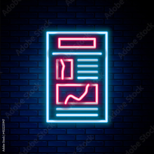 Glowing neon line News icon isolated on brick wall background. Newspaper sign. Mass media symbol. Colorful outline concept. Vector
