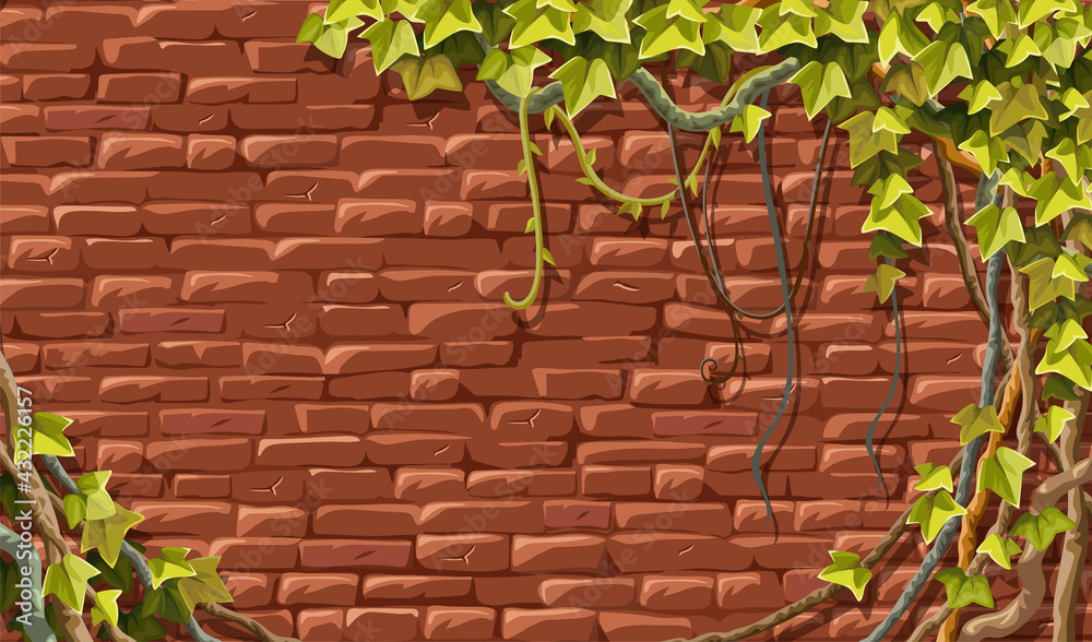 Wall, branches liana, ivy. Brickwork and plants jungle. Old shabby house facade red clinker. Vector isolated illustration.