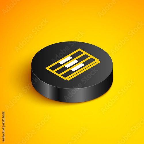 Isometric line Chest of drawers icon isolated on yellow background. Black circle button. Vector