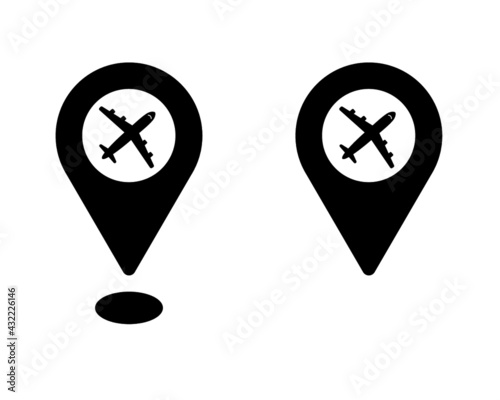 airplane vector icon with location / track icon - simple flat design in airport sign style - airplane, aircraft, aeroplane vector illustration