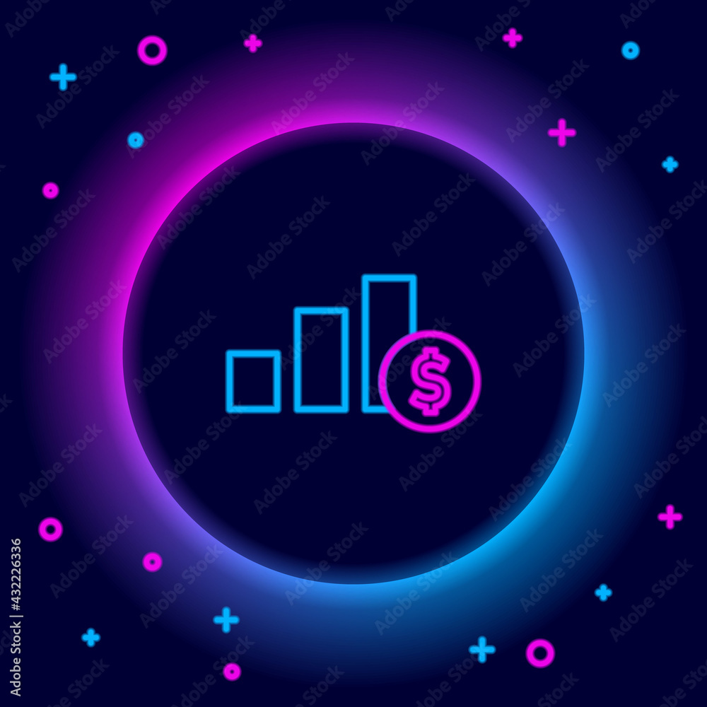 Glowing neon line Pie chart infographic and dollar symbol icon isolated on black background. Diagram chart sign. Colorful outline concept. Vector Glowing neon line Pie chart infographic and dollar symbol icon isolated on black background. Diagram chart sign. Colorful outline concept. Vector