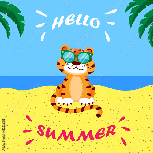 Vector summer illustration of cartoon tiger in sunglasses on the sea beach under palm trees.