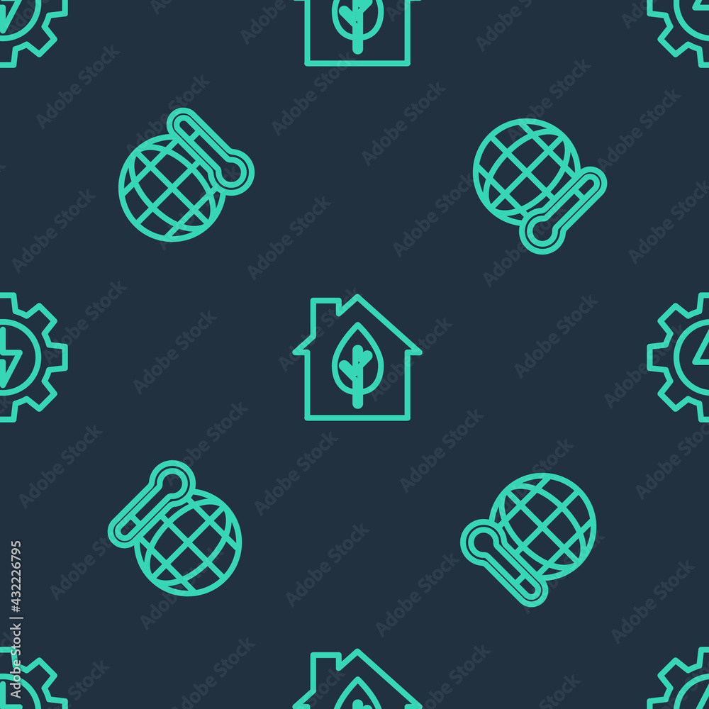 Set line Eco friendly house, Global warming and Gear and lightning on seamless pattern. Vector Set line Eco friendly house, Global warming and Gear and lightning on seamless pattern. Vector