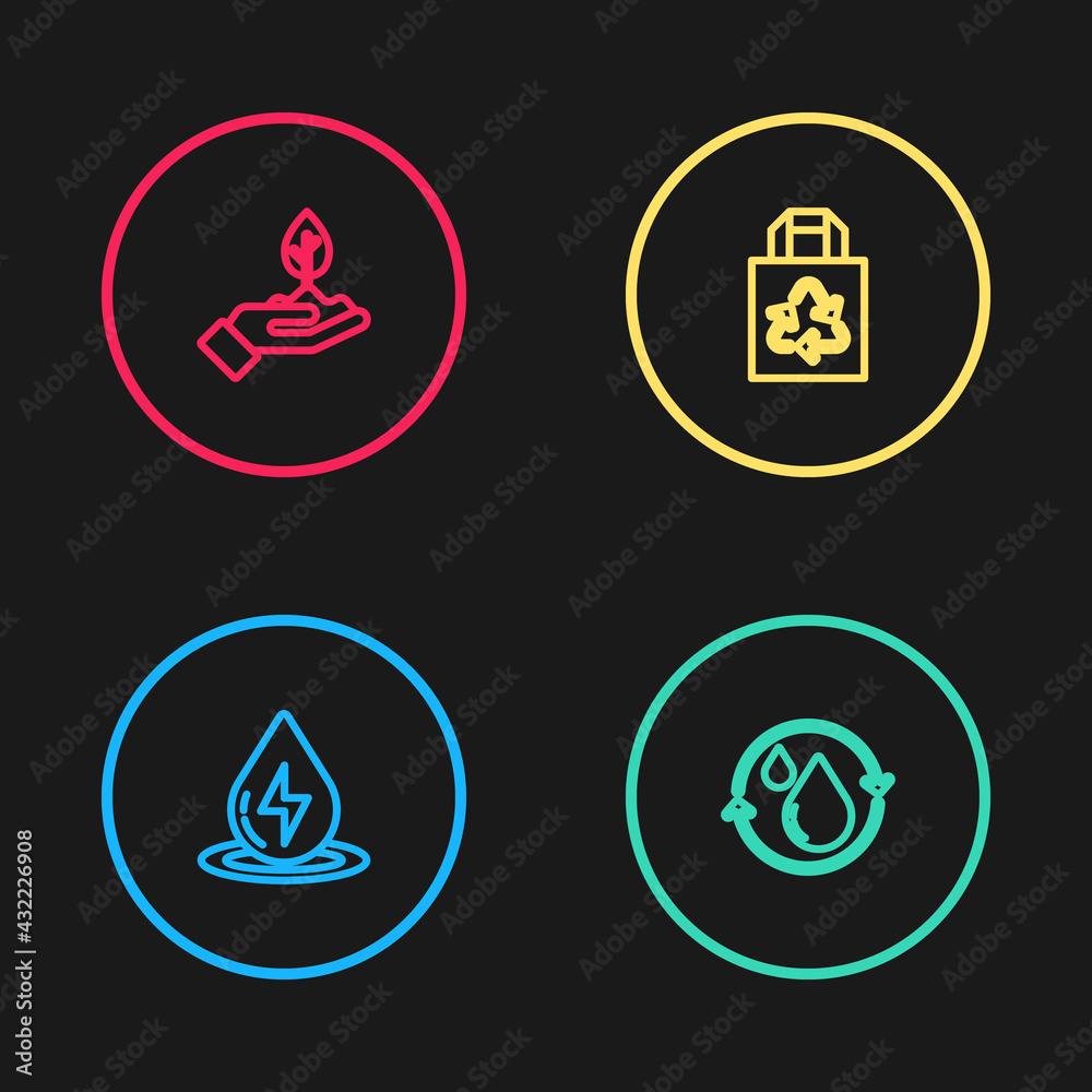 Set line Water energy, Recycle clean aqua, Paper bag with recycle and Plant in hand icon. Vector Set line Water energy, Recycle clean aqua, Paper bag with recycle and Plant in hand icon. Vector