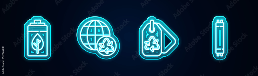 Set line Eco nature leaf and battery, Planet earth recycling, Tag with recycle and Fluorescent lamp. Glowing neon icon. Vector Set line Eco nature leaf and battery, Planet earth recycling, Tag with recycle and Fluorescent lamp. Glowing neon icon. Vector