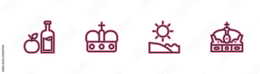 Set line Apple cider bottle, Beach, Crown of spain and icon. Vector Set line Apple cider bottle, Beach, Crown of spain and icon. Vector