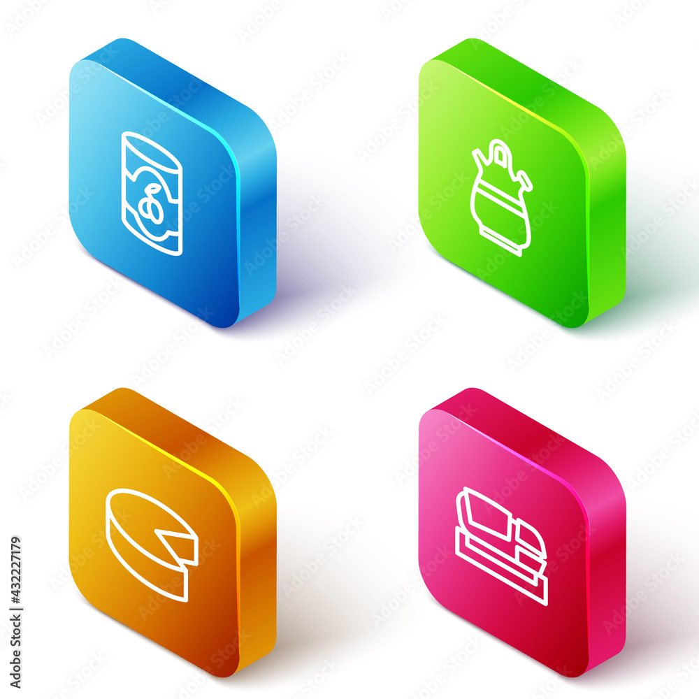 Set Isometric line Olives in can, Sangria pitcher, Cheese and Stadium Mestalla icon. Vector Set Isometric line Olives in can, Sangria pitcher, Cheese and Stadium Mestalla icon. Vector