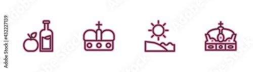 Set line Apple cider bottle, Beach, Crown of spain and icon. Vector