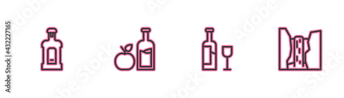 Set line Orujo, Wine bottle with glass, Apple cider and Algar waterfall icon. Vector