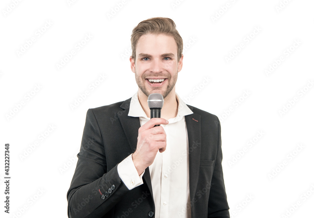 Happy man in business formalwear speak into microphone giving speech isolated on white, conferencier Happy man in business formalwear speak into microphone giving speech isolated on white, conferencier