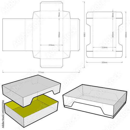 Top and Bottom box (Internal measurement 30x21x7cm) and Die-cut Pattern. Ease of assembly, no need for glue. The .eps file is full scale and fully functional. Prepared for real cardboard production.