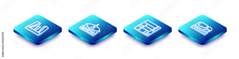 Set Isometric line Gate of Europe, Crown spain, House Edificio Mirador and Stadium Mestalla icon. Vector Set Isometric line Gate of Europe, Crown spain, House Edificio Mirador and Stadium Mestalla icon. Vector