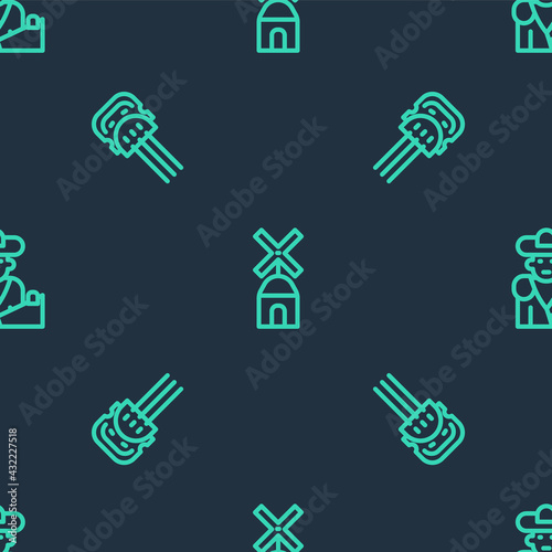Set line Windmill, Peineta and Bullfight, matador on seamless pattern. Vector