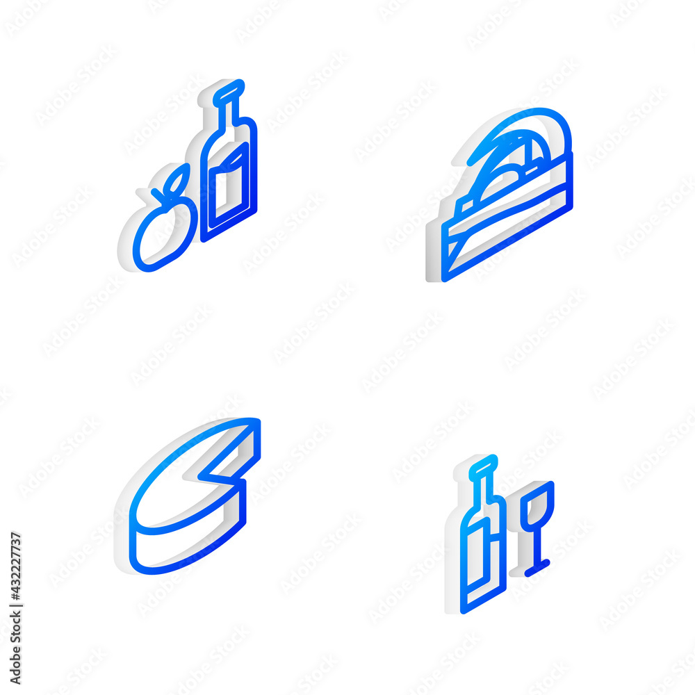 Set Isometric line Concert hall de Tenerife, Apple cider bottle, Cheese and Wine with glass icon. Vector Set Isometric line Concert hall de Tenerife, Apple cider bottle, Cheese and Wine with glass icon. Vector