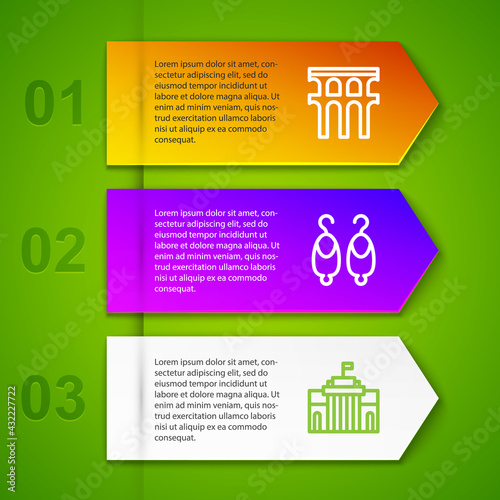 Set line Aqueduct of Segovia, Earrings, Prado museum and Beach. Business infographic template. Vector