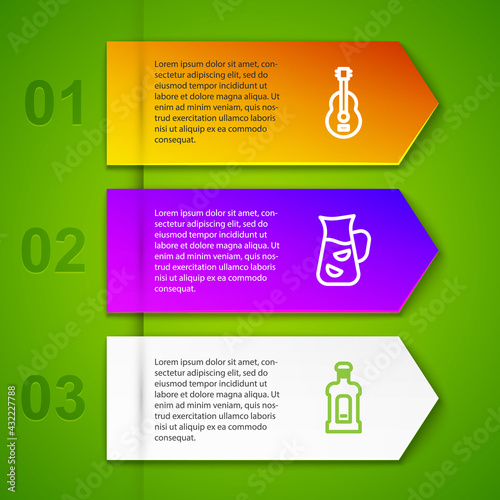 Set line Spanish guitar, Sangria, Orujo and wineskin. Business infographic template. Vector