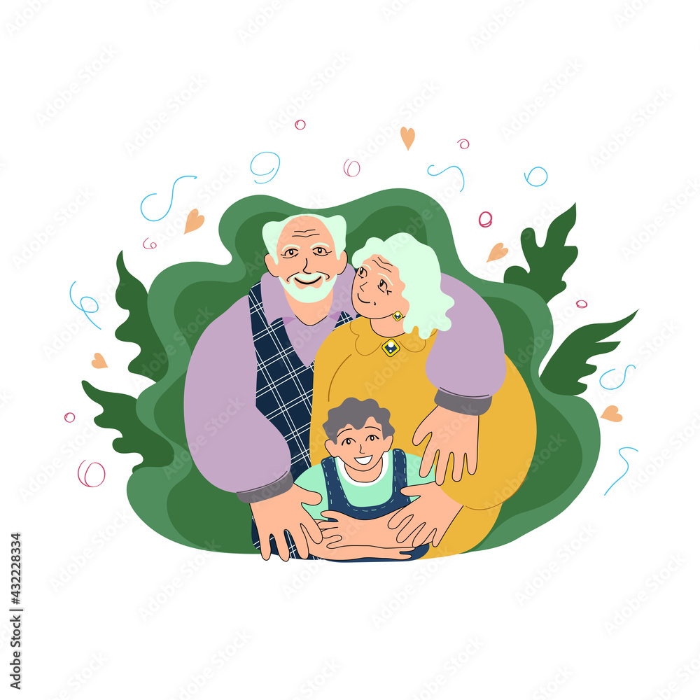 Happy european grandparents with a little boy. Elderly europeans, caucasians smiling. Love, bond concept, old family members together with grandchild. Doodle style vector illustration